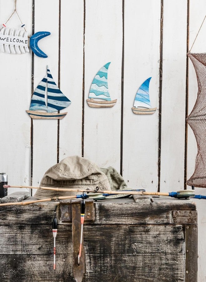 Putuo Decor Wooden Sailboat Wall Art Set of 3, Coastal Nautical Decor Self-Adhesive Sculptures, Beachy Lake House Wall Decor for Japandi Bedroom Bathroom Nursery - Image 2